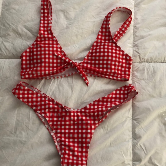 red and white gingham bikini